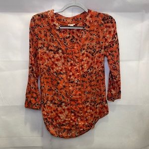 Hinge Orange Floral Lace Trim Shirred Top Blouse Women's Size Small